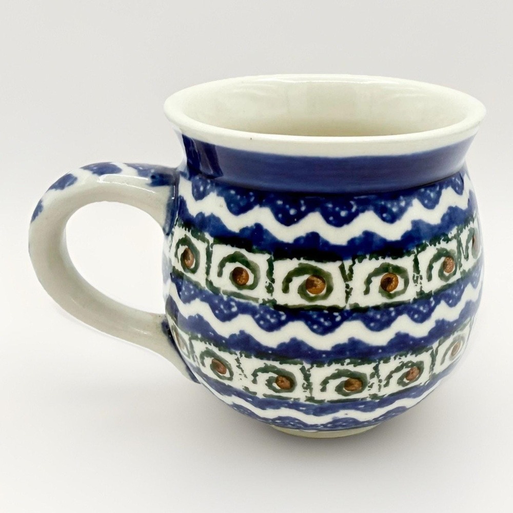 Polish Pottery Bubble Mug 10 oz Boleslawiec Blue Green Handmade Stoneware EUC